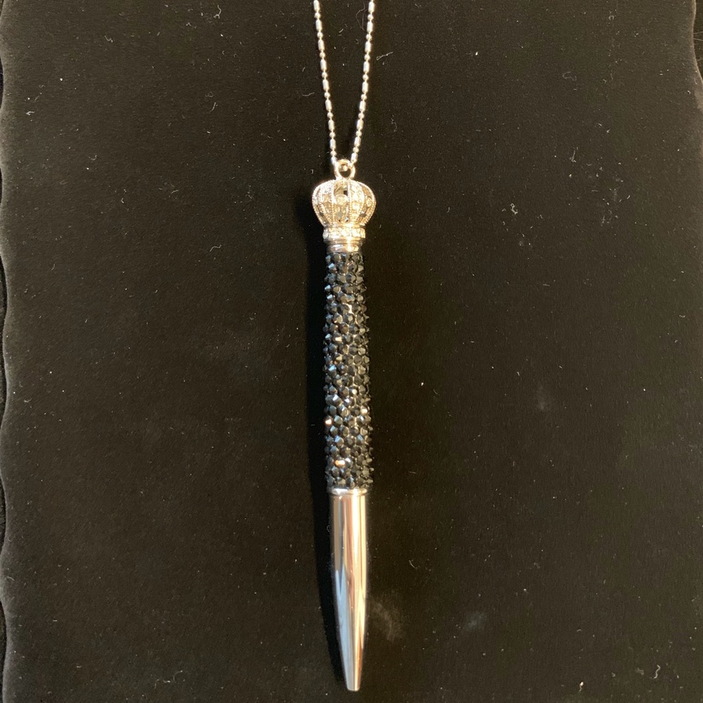 Black Crystal Pen on 30” Silver Chain